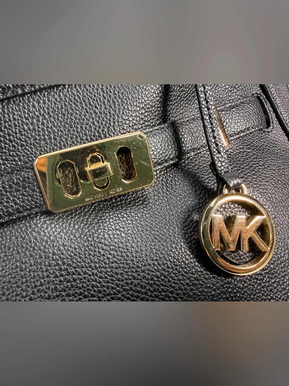Michael Kors Black Pebbled Leather Satchel with Gold Accents